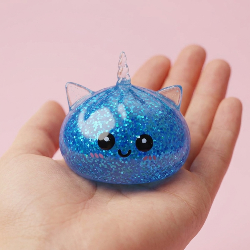 Unicorn Dumpling Squishy Glitter Blå i handen, verklig storlek