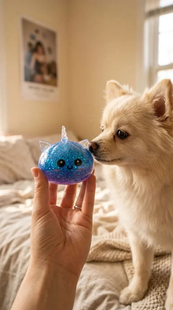 Unicorn Dumpling Squishy Glitter Blå med en gosedjursvän