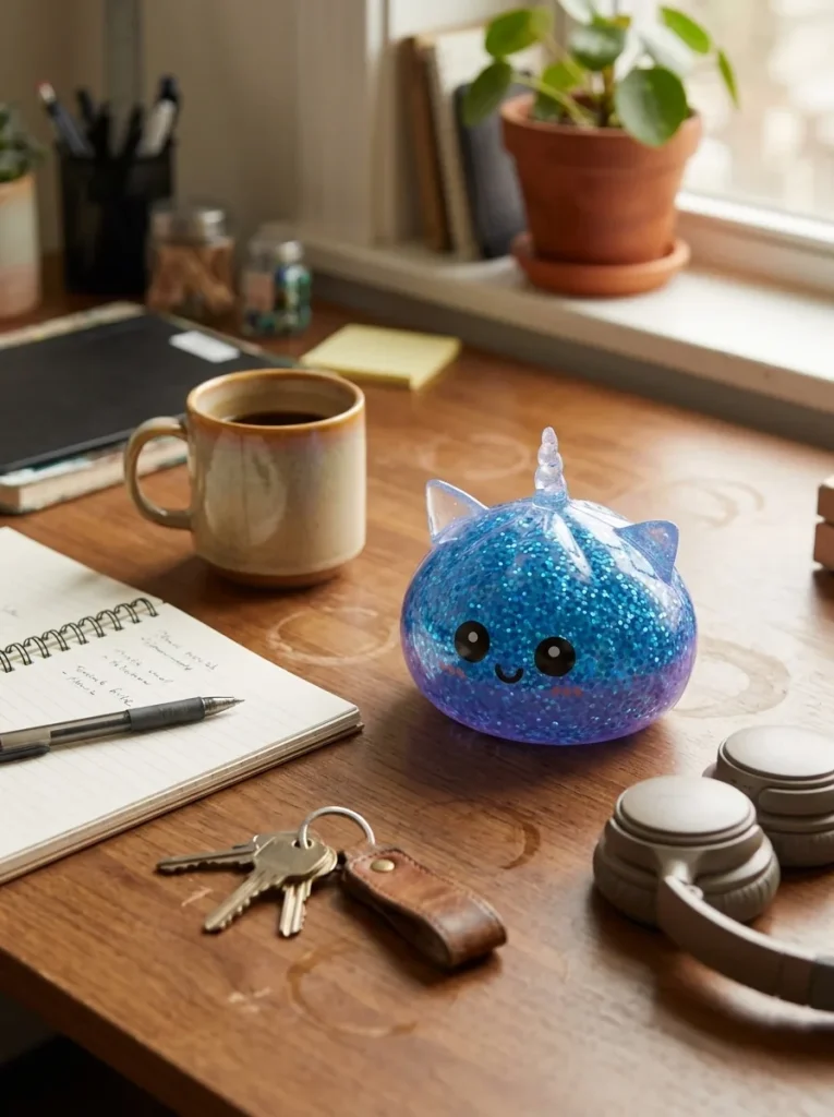 Unicorn Dumpling Squishy Glitter Blå på skrivbordet