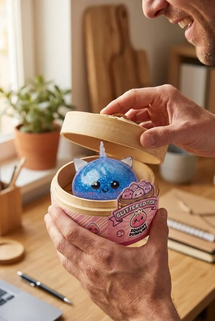 Unicorn Dumpling Squishy Glitter Blå i unboxing-ögonblicket