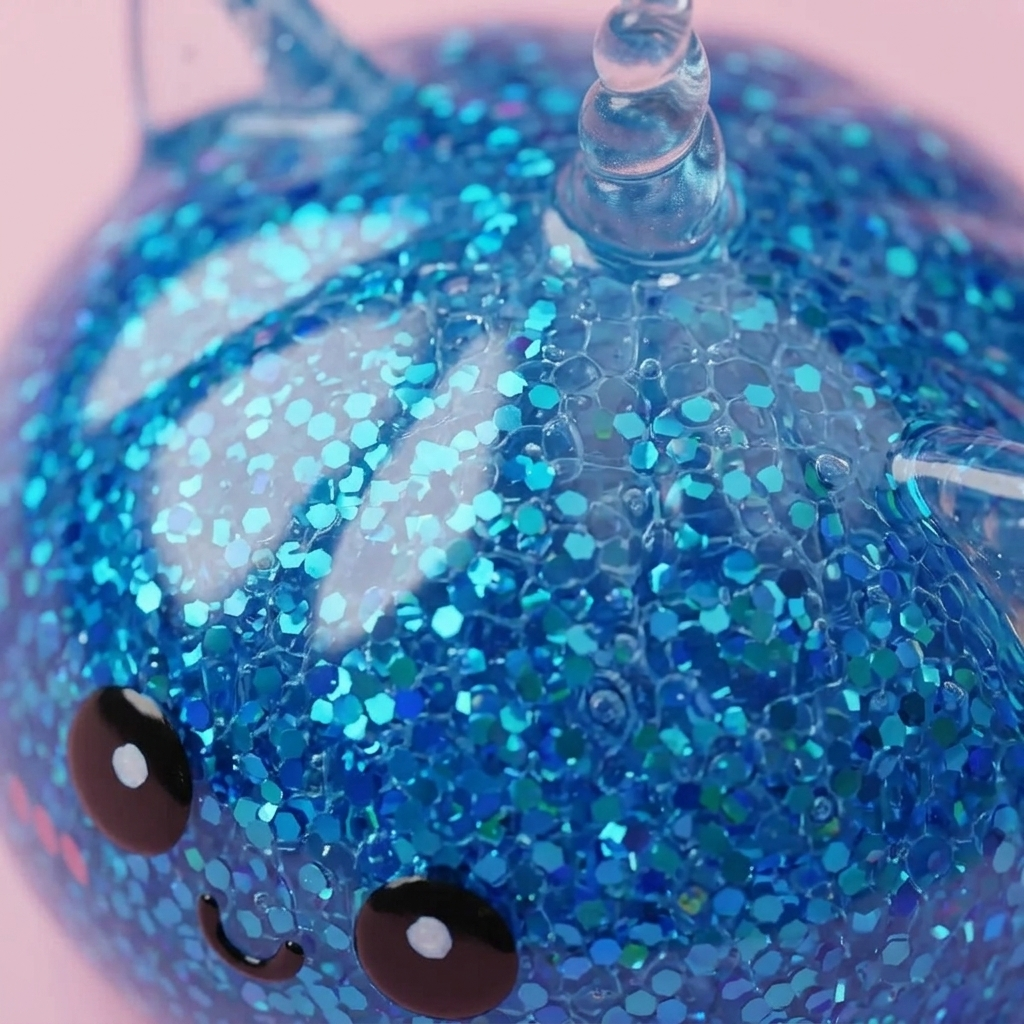 Unicorn Dumpling Squishy Glitter Blå — närbild på strukturen
