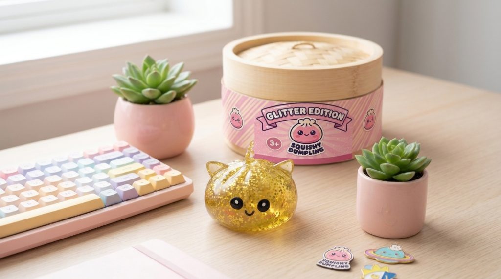 Glitter Dumpling Squishy Guldenhörning i sin kawaii-miljö