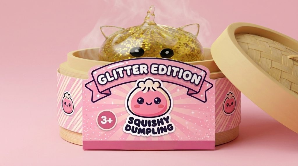 Glitter Dumpling Squishy Guldenhörning i sin bambu-ångkorg