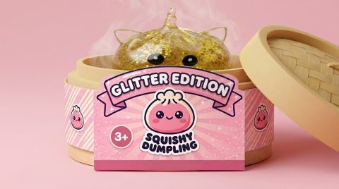 Glitter Dumpling Squishy Guldenhörning i sin bambu-ångkorg