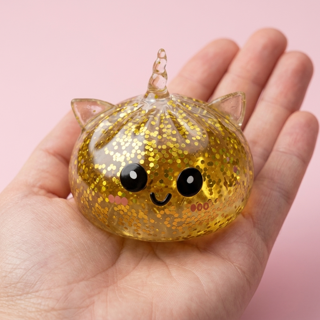 Glitter Dumpling Squishy Guldenhörning i handen, verklig storlek
