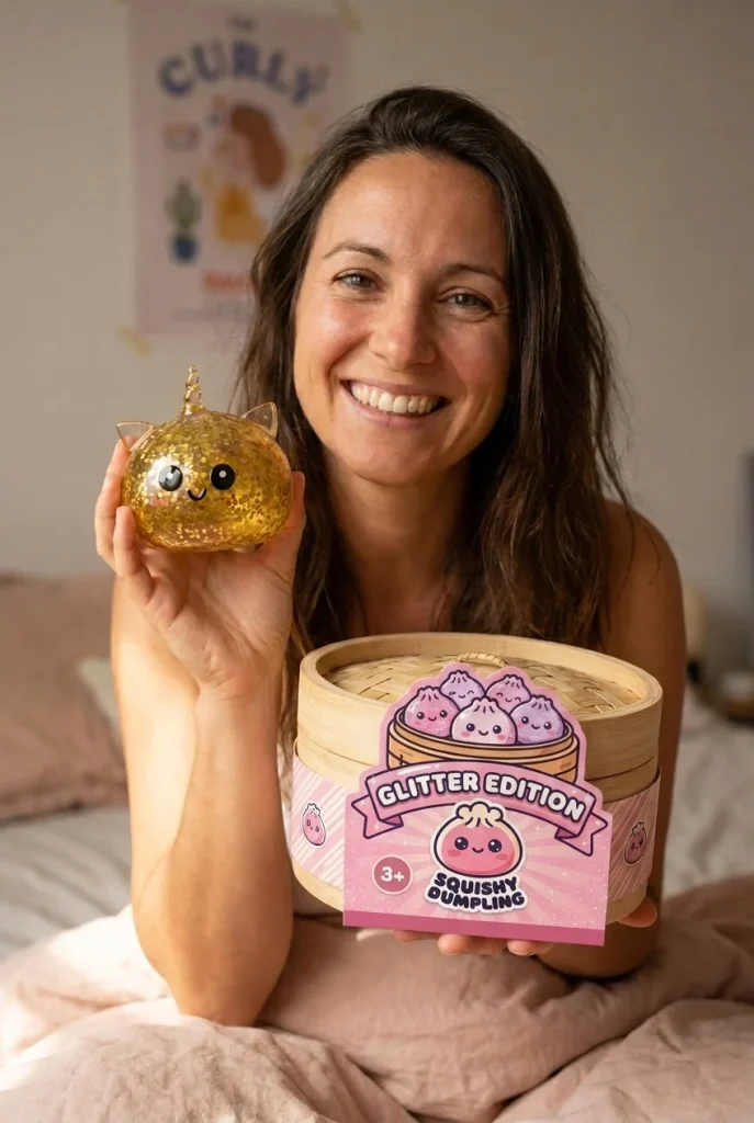 Glitter Dumpling Squishy Guldenhörning med sin ask