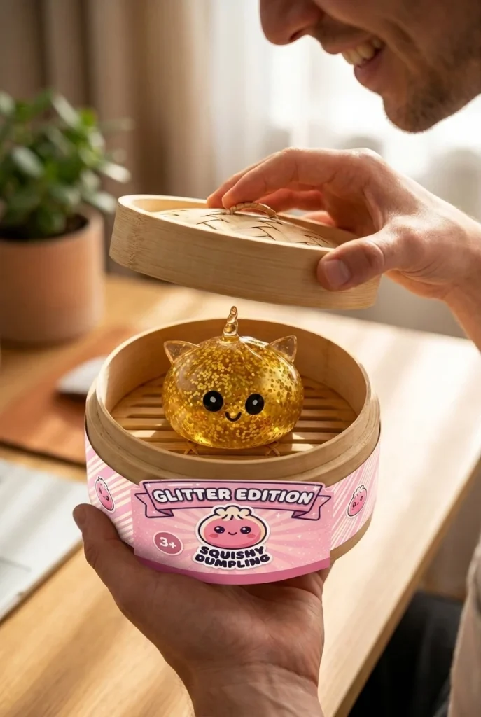 Glitter Dumpling Squishy Guldenhörning i unboxing-ögonblicket