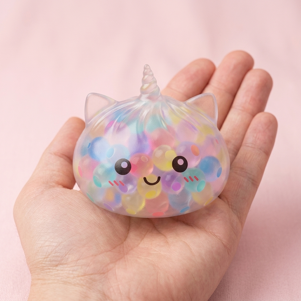 Squishy Dumpling Unicorn Bubble Pastell i handen, verklig storlek