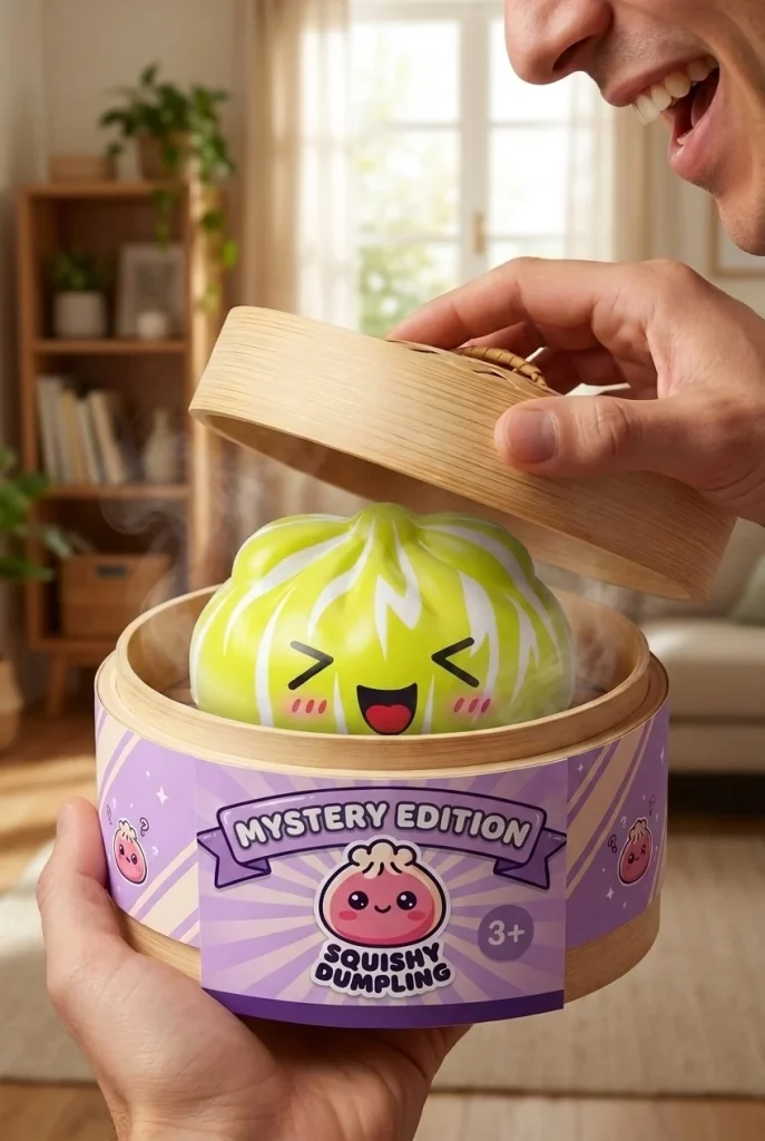 Dumpling Squishy Mystery Happy Faces Glada Miner i unboxing-ögonblicket