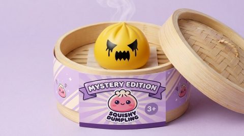 Spöke Dumpling Squishy Mystery i sin bambu-ångkorg