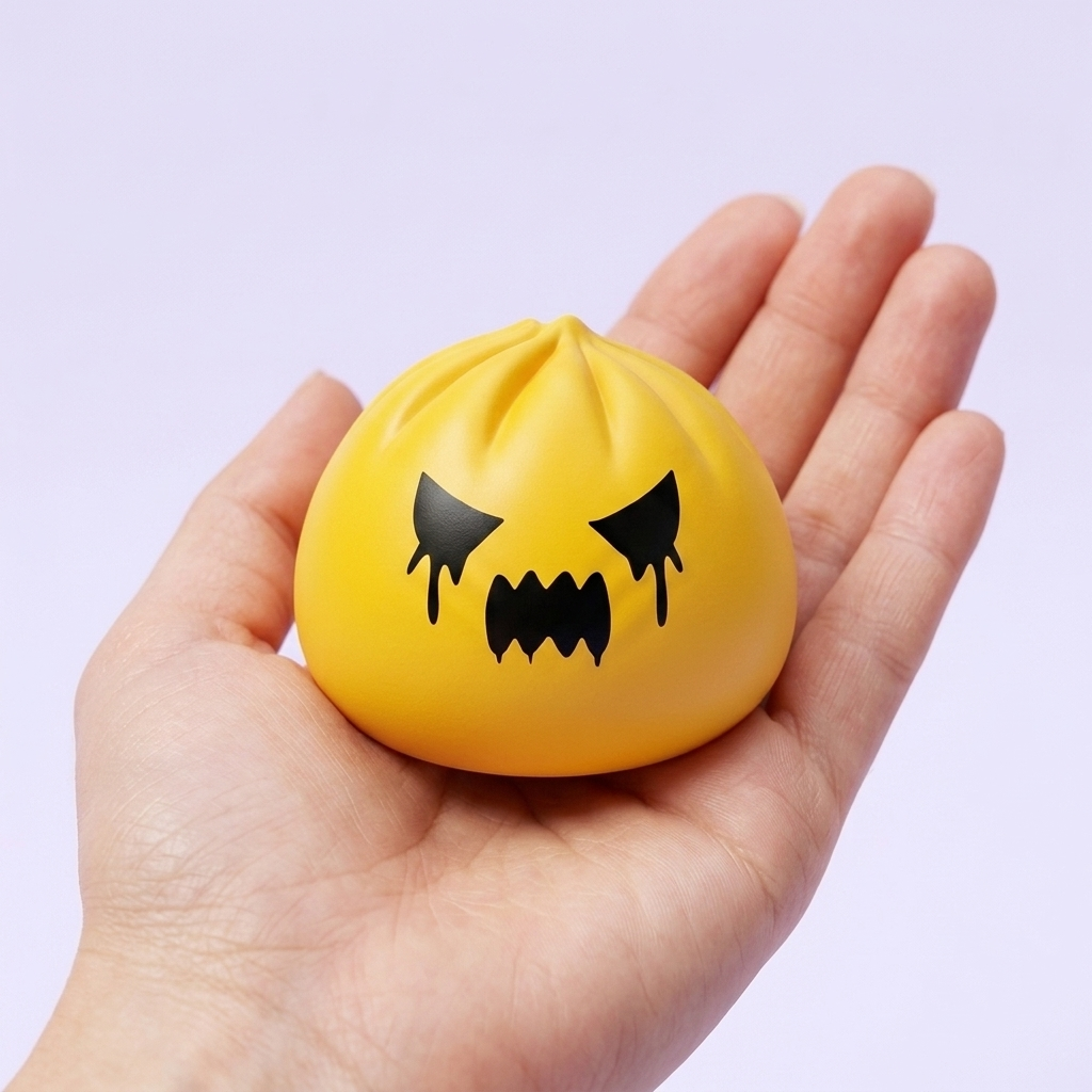 Spöke Dumpling Squishy Mystery i handen, verklig storlek