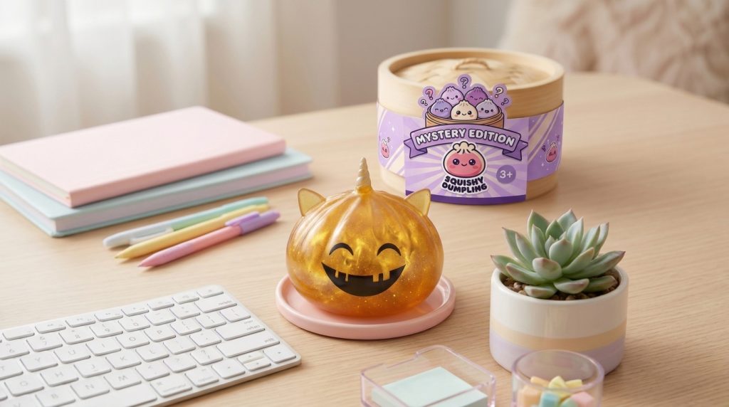 Dumpling Squishy Mystery Halloween Enhörning i sin kawaii-miljö