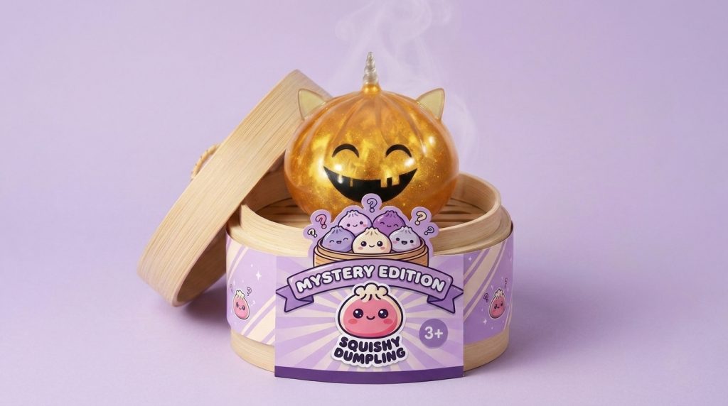Dumpling Squishy Mystery Halloween Enhörning i sin bambu-ångkorg