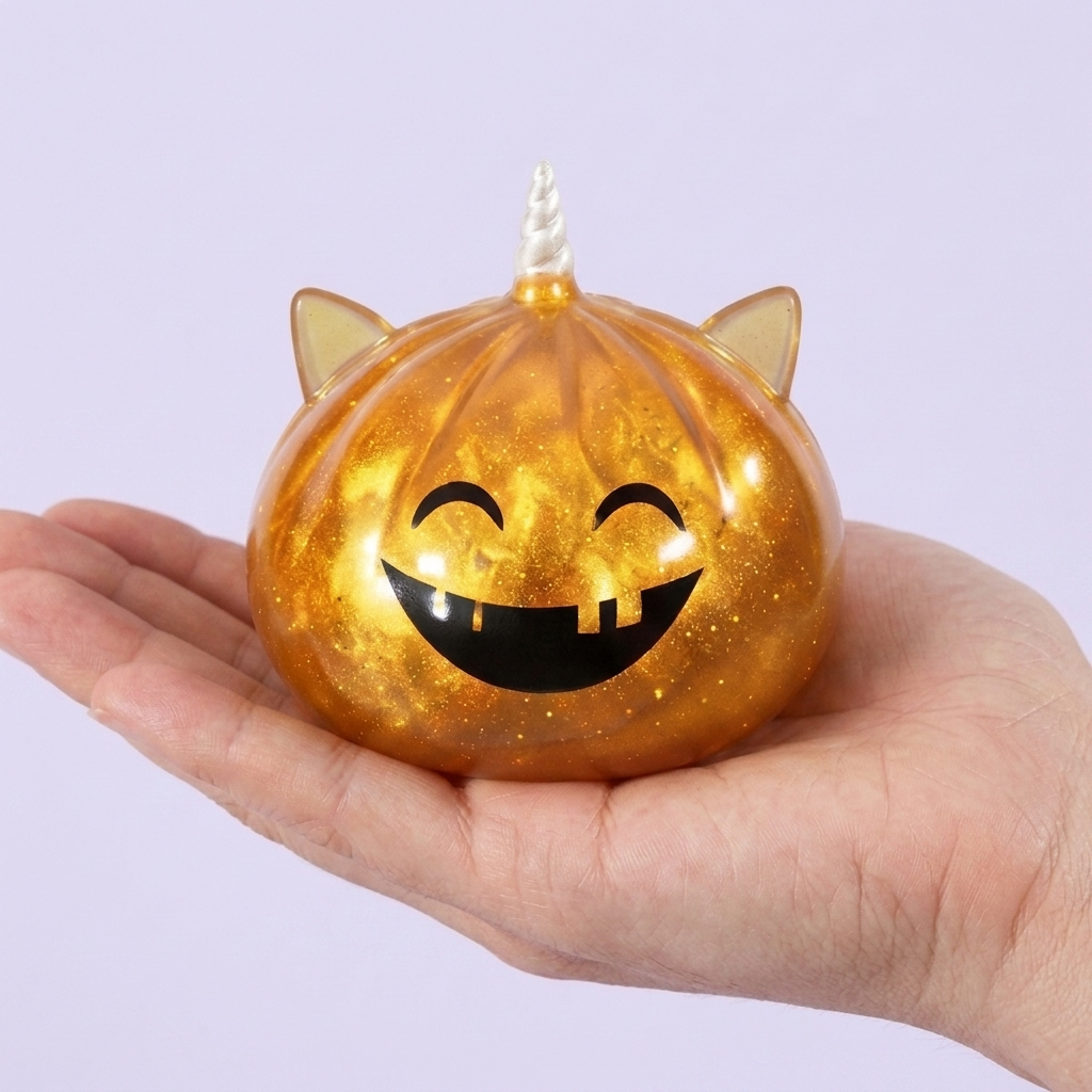 Dumpling Squishy Mystery Halloween Enhörning i handen, verklig storlek