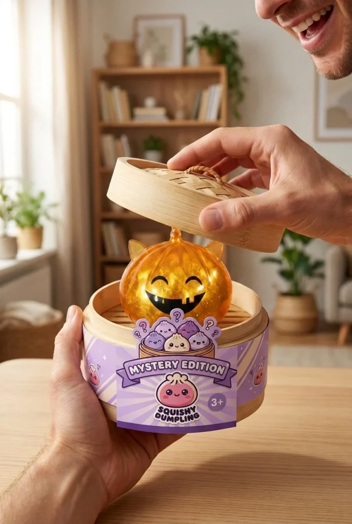 Dumpling Squishy Mystery Halloween Enhörning i unboxing-ögonblicket