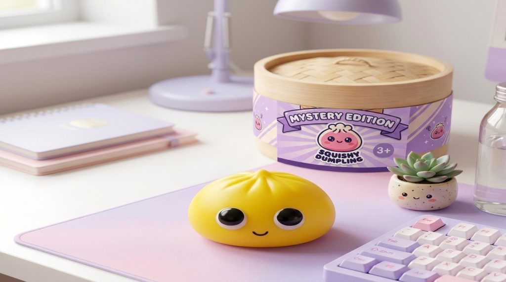 Dumpling Squishy Mystery Pop Stora Ögon i sin kawaii-miljö