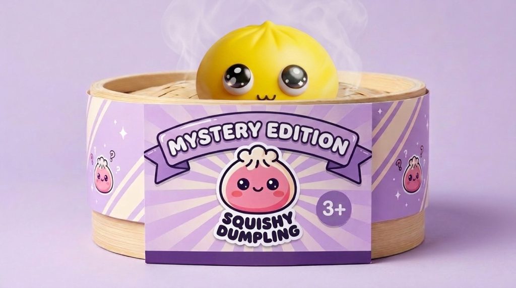 Dumpling Squishy Mystery Pop Stora Ögon i sin bambu-ångkorg