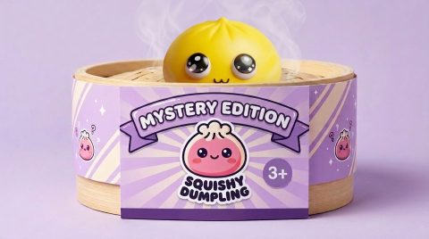 Dumpling Squishy Mystery Pop Stora Ögon i sin bambu-ångkorg
