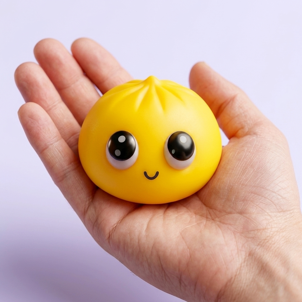 Dumpling Squishy Mystery Pop Stora Ögon i handen, verklig storlek