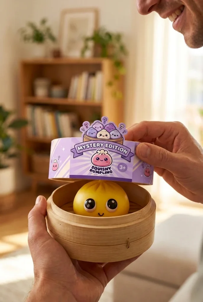 Dumpling Squishy Mystery Pop Stora Ögon i unboxing-ögonblicket