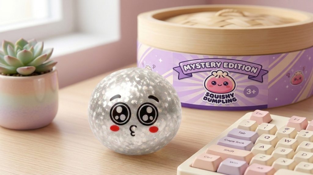Squishy Dumpling Mystery Puppy Eyed med Ångkorg i sin kawaii-miljö