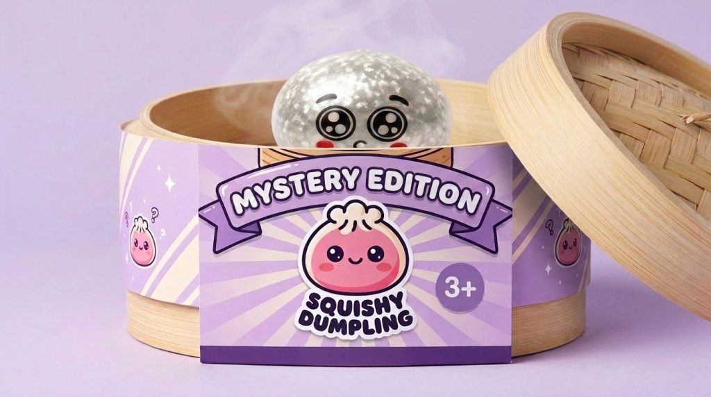 Squishy Dumpling Mystery Puppy Eyed med Ångkorg i sin bambu-ångkorg