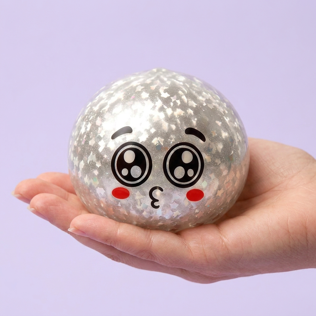 Squishy Dumpling Mystery Puppy Eyed med Ångkorg i handen, verklig storlek