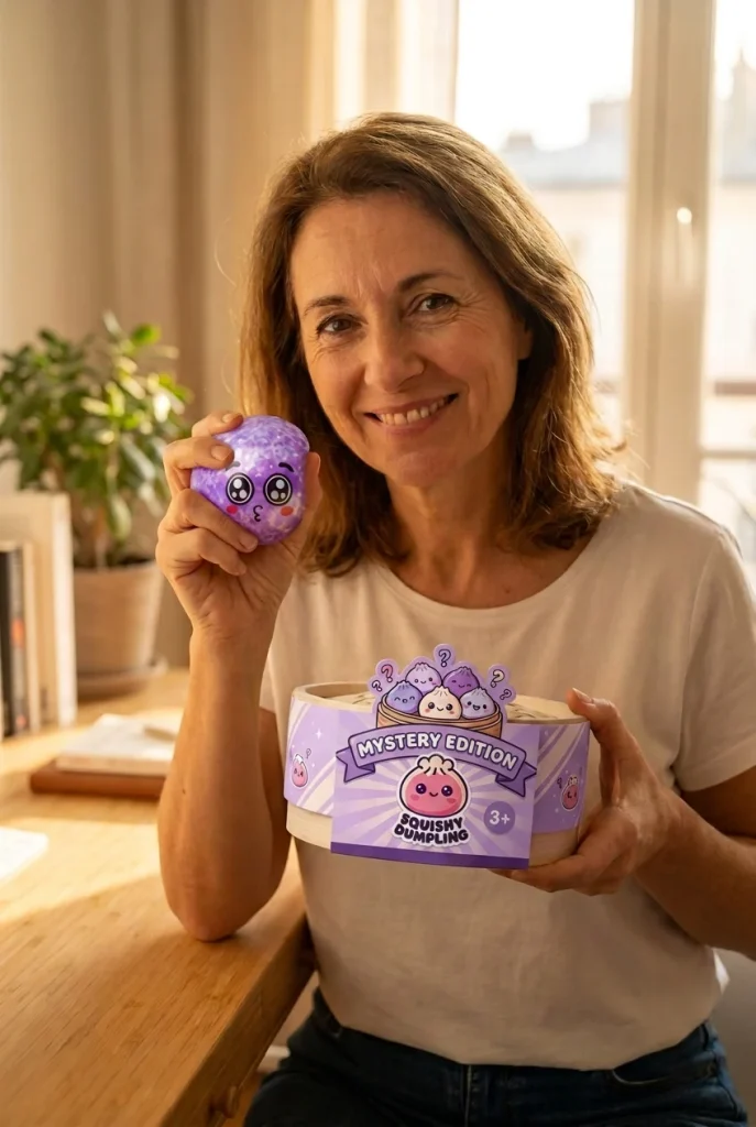 Squishy Dumpling Mystery Puppy Eyed med Ångkorg med sin ask