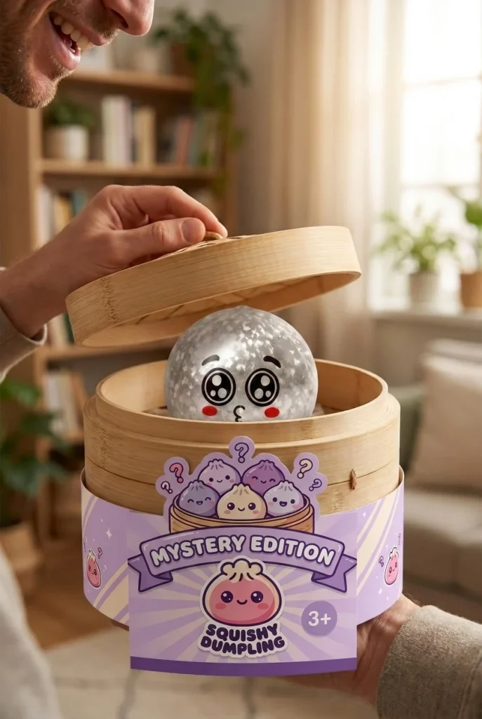 Squishy Dumpling Mystery Puppy Eyed med Ångkorg i unboxing-ögonblicket
