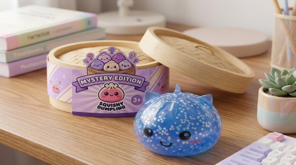 Unicorn Dumpling Squishy Mystery Glitter i sin kawaii-miljö