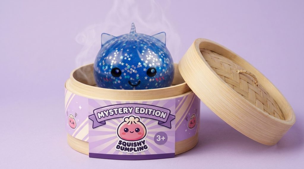 Unicorn Dumpling Squishy Mystery Glitter i sin bambu-ångkorg