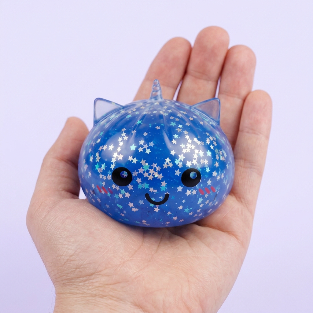 Unicorn Dumpling Squishy Mystery Glitter i handen, verklig storlek