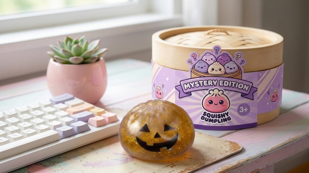 Vampire Mystery Dumpling Squishy Blodröd i sin kawaii-miljö