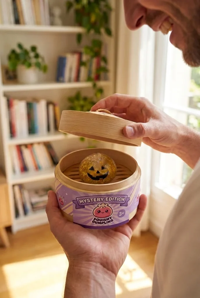 Vampire Mystery Dumpling Squishy Blodröd i unboxing-ögonblicket