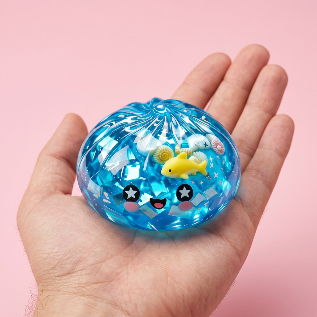 Glitter Dumpling Squishy Ocean Korallrev i handen, verklig storlek
