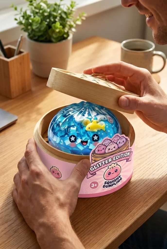 Glitter Dumpling Squishy Ocean Korallrev i unboxing-ögonblicket