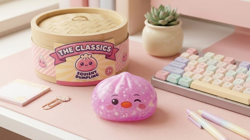 Pingvin Dumpling Squishy Godisrosa i sin kawaii-miljö