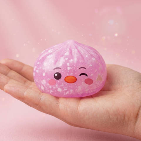 Pingvin Dumpling Squishy Godisrosa i handen, verklig storlek