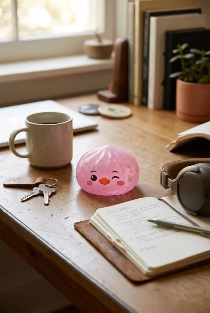 Pingvin Dumpling Squishy Godisrosa på skrivbordet