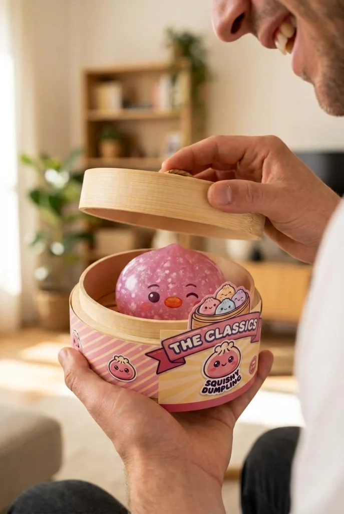 Pingvin Dumpling Squishy Godisrosa i unboxing-ögonblicket