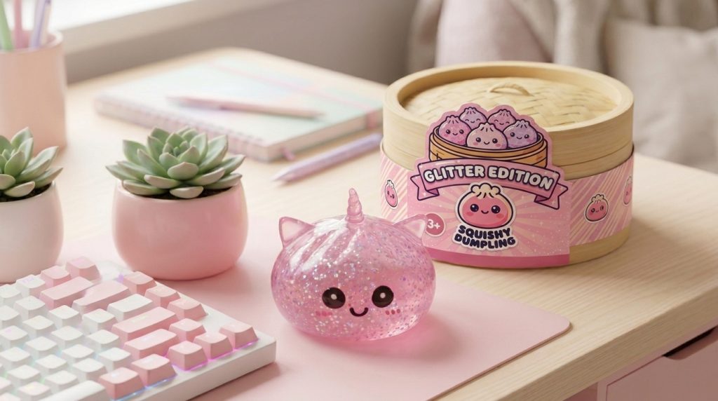 Unicorn Dumpling Squishy Glitter Rosa i sin kawaii-miljö