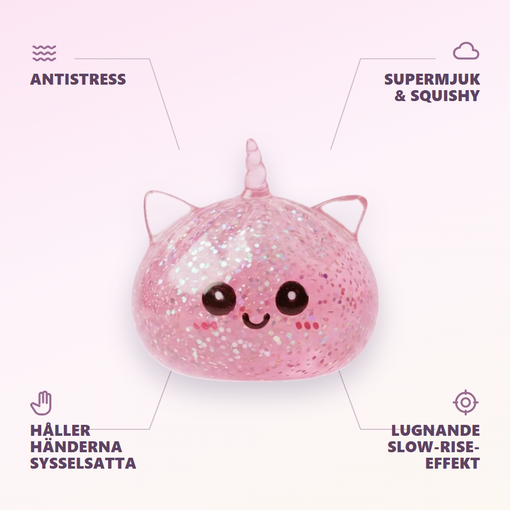 Unicorn Dumpling Squishy Glitter Rosa — dess fördelar