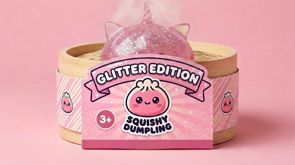 Unicorn Dumpling Squishy Glitter Rosa i sin bambu-ångkorg