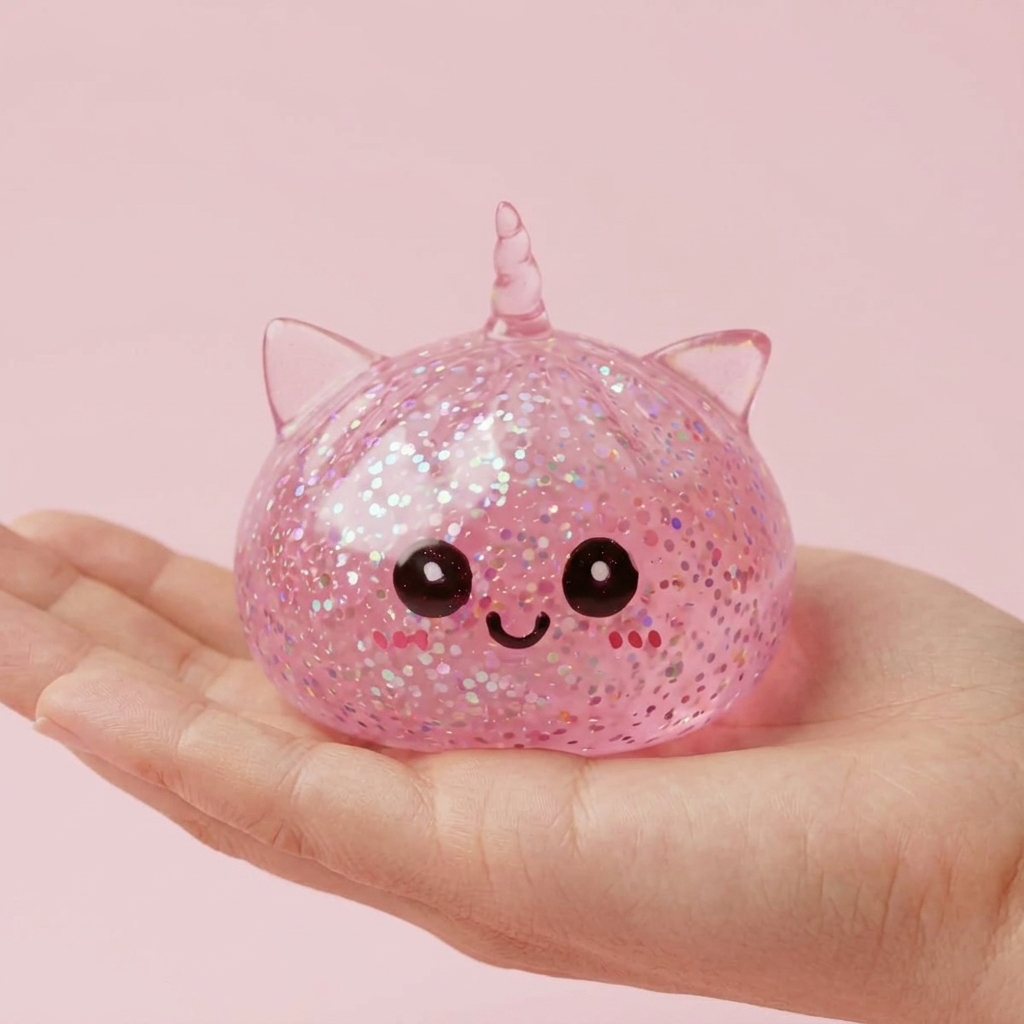 Unicorn Dumpling Squishy Glitter Rosa i handen, verklig storlek