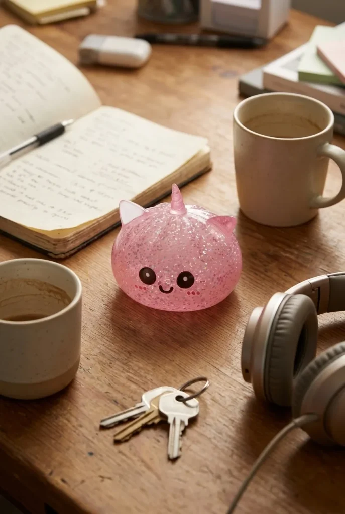 Unicorn Dumpling Squishy Glitter Rosa på skrivbordet