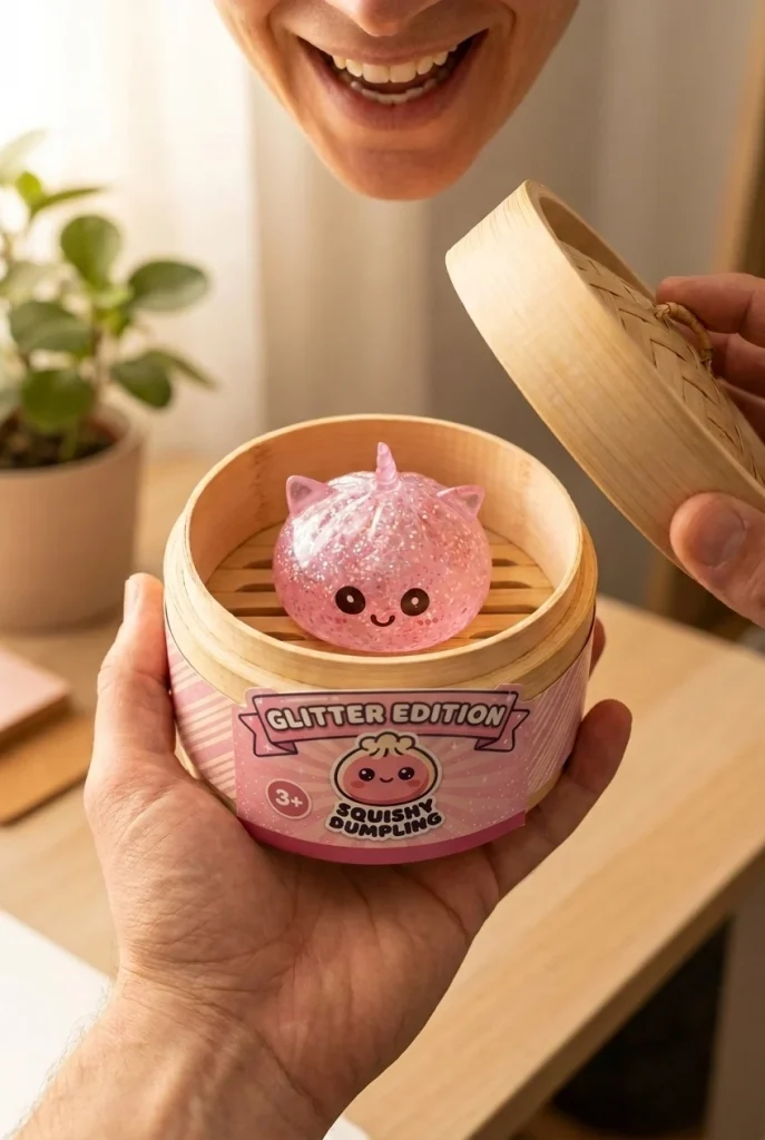 Unicorn Dumpling Squishy Glitter Rosa i unboxing-ögonblicket