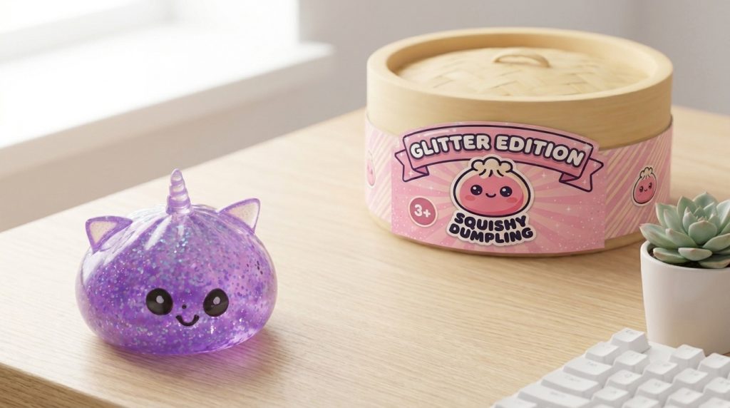 Enhörning Dumpling Squishy Glitter Lila i sin kawaii-miljö