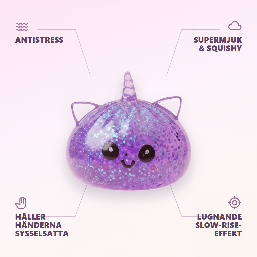 Enhörning Dumpling Squishy Glitter Lila — dess fördelar