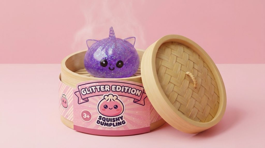 Enhörning Dumpling Squishy Glitter Lila i sin bambu-ångkorg
