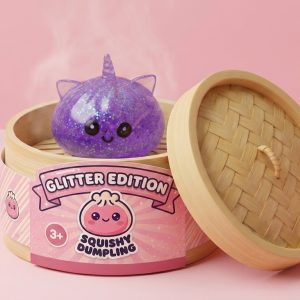 Enhörning Dumpling Squishy Glitter Lila i sin bambu-ångkorg